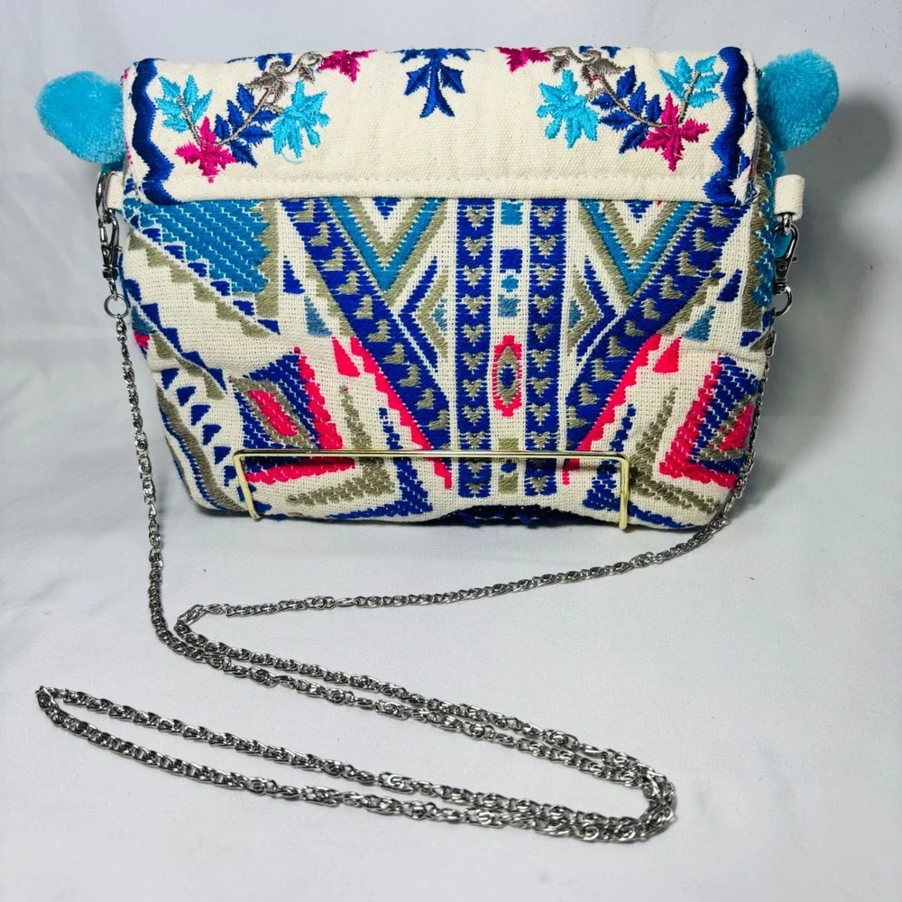 Paper Source Embroidered Pom Pom Crossbody Bag Blue Pink Boho Geometric Clutch